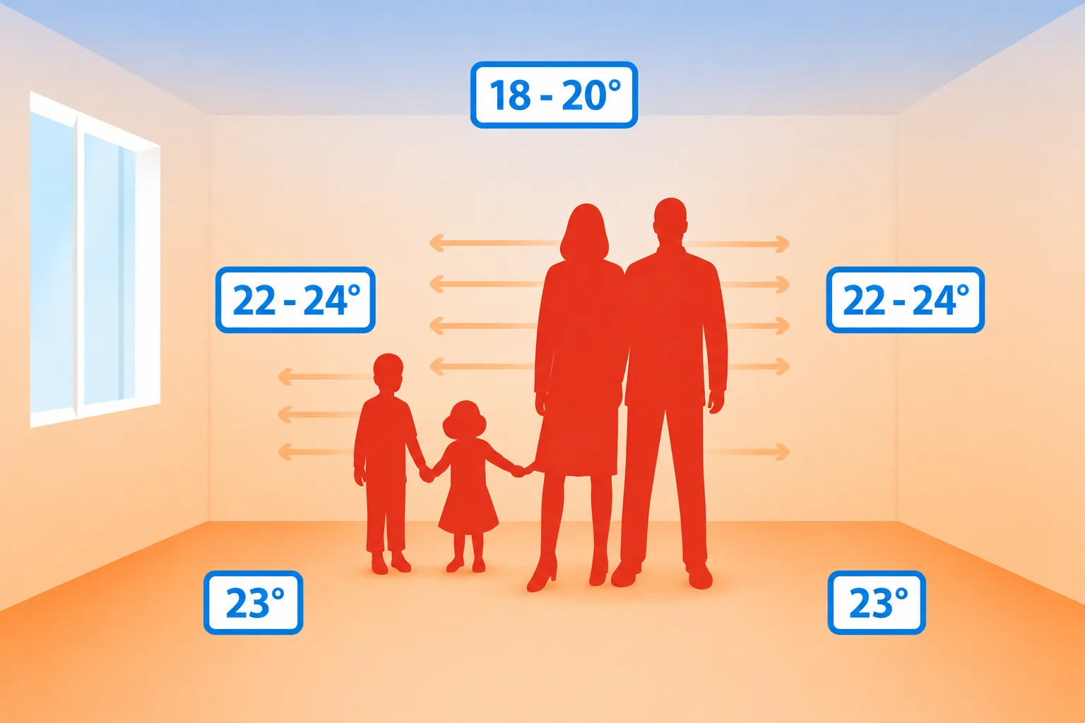 REVOSOL's radiant surface system keeps the whole room within an even 22 to 24 degree comfort band &mdash; no cold floor and no hot ceiling